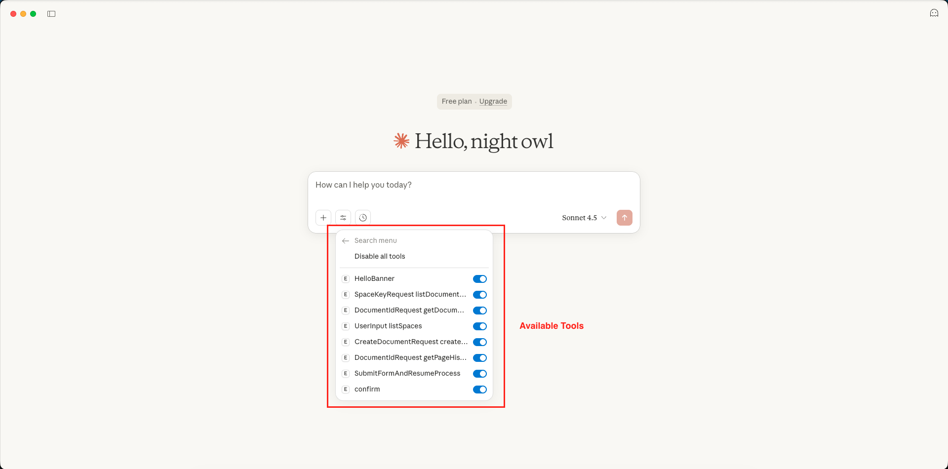 Claude Desktop - Search and Tools Options - Confluence MCP Server Available Tools