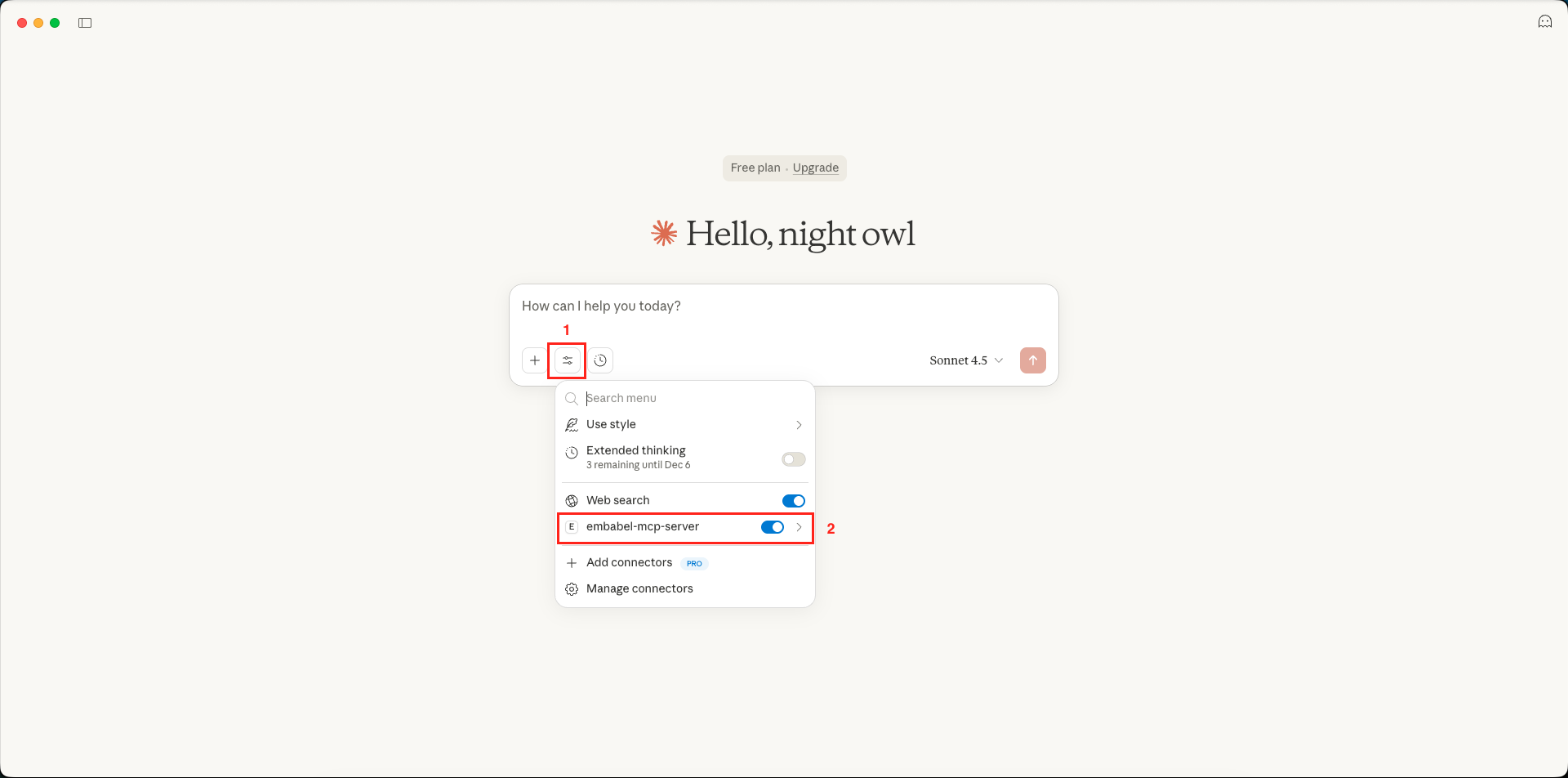 Claude Desktop - Search and Tools Options - Confluence MCP Server Listed