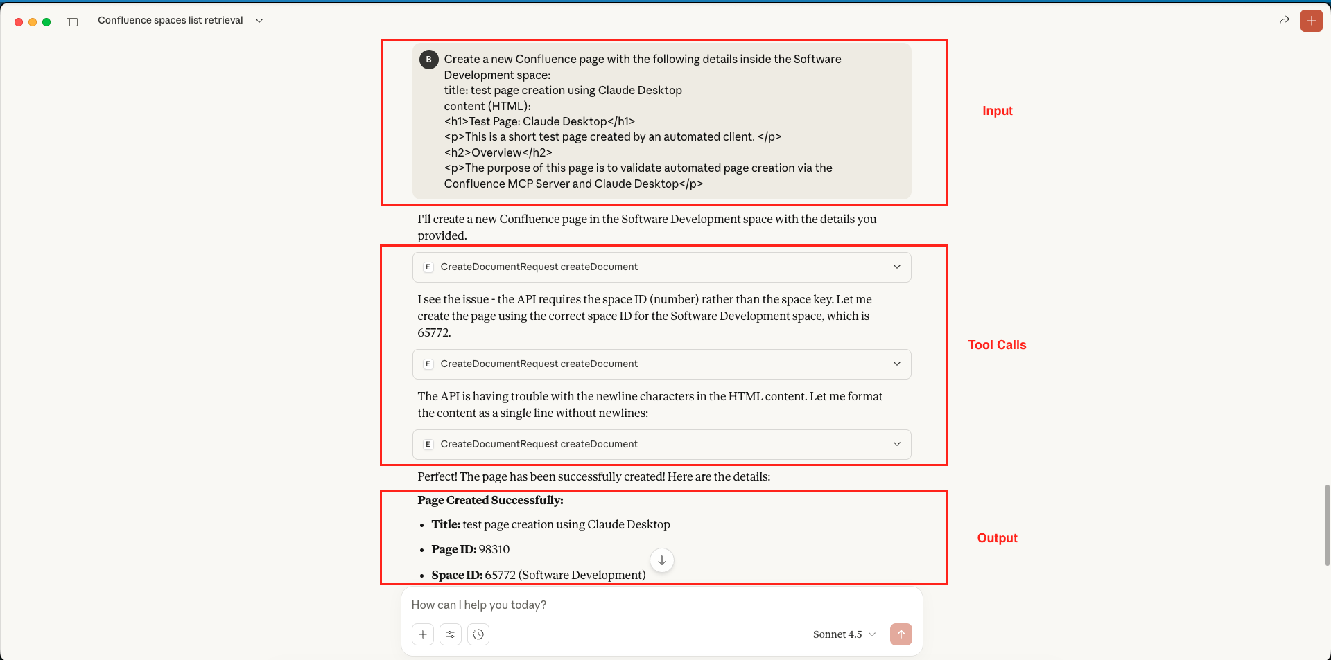 Confluence MCP Server - Create New Document - Claude Desktop