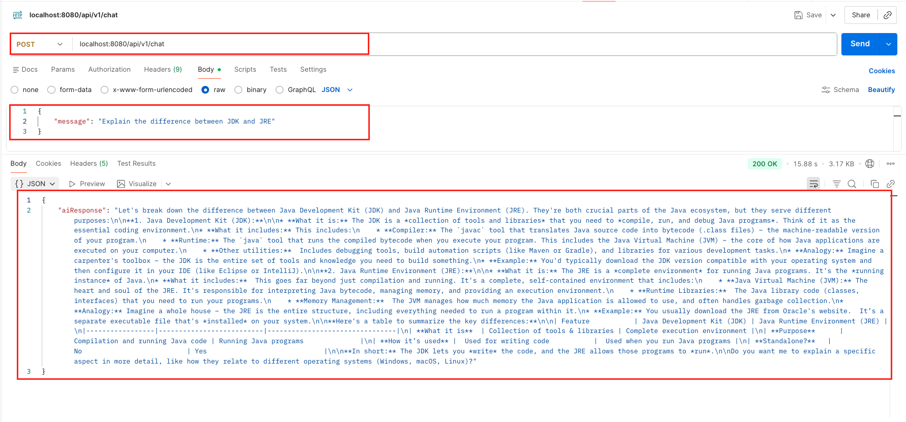 Chat API Output - Connecting LangChain4j to Local LLMs Running in LM Studio
