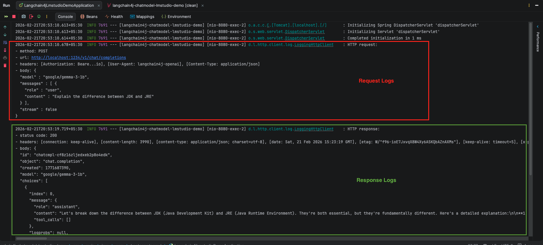 Chat API Request Response Logs - Connecting LangChain4j to Local LLMs Running in LM Studio